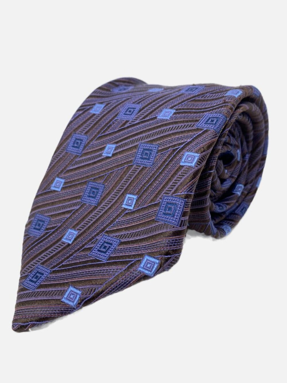 Canali Tie Geometric Jacquard Brown Light Blue Purple Silk Made in Italy Foulard